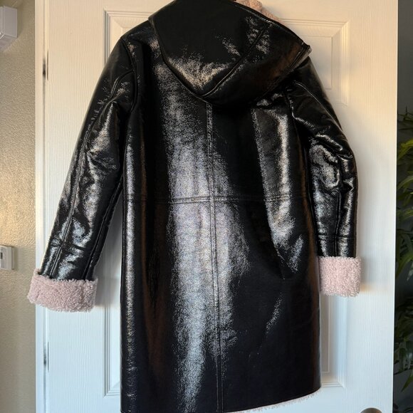 Sanctuary Black Patent Leather w Pink Shearling Lined Hooded Coat - Picture 6 of 8